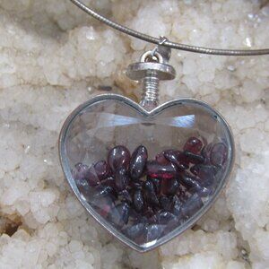 Glass Heart Locket with Genuine Garnet Necklace